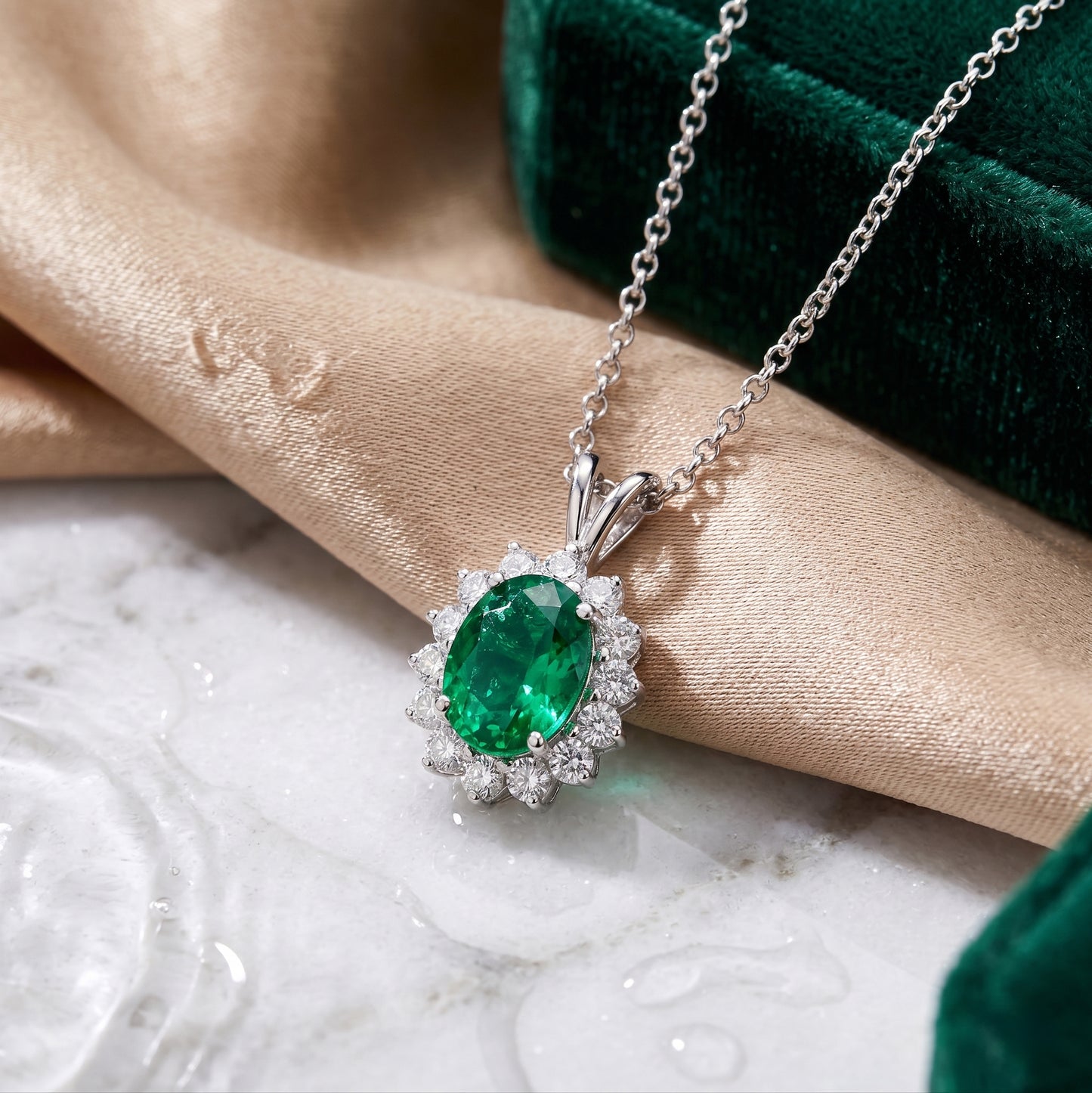 Oval Emerald & Diamond Pendant in 18k White Gold