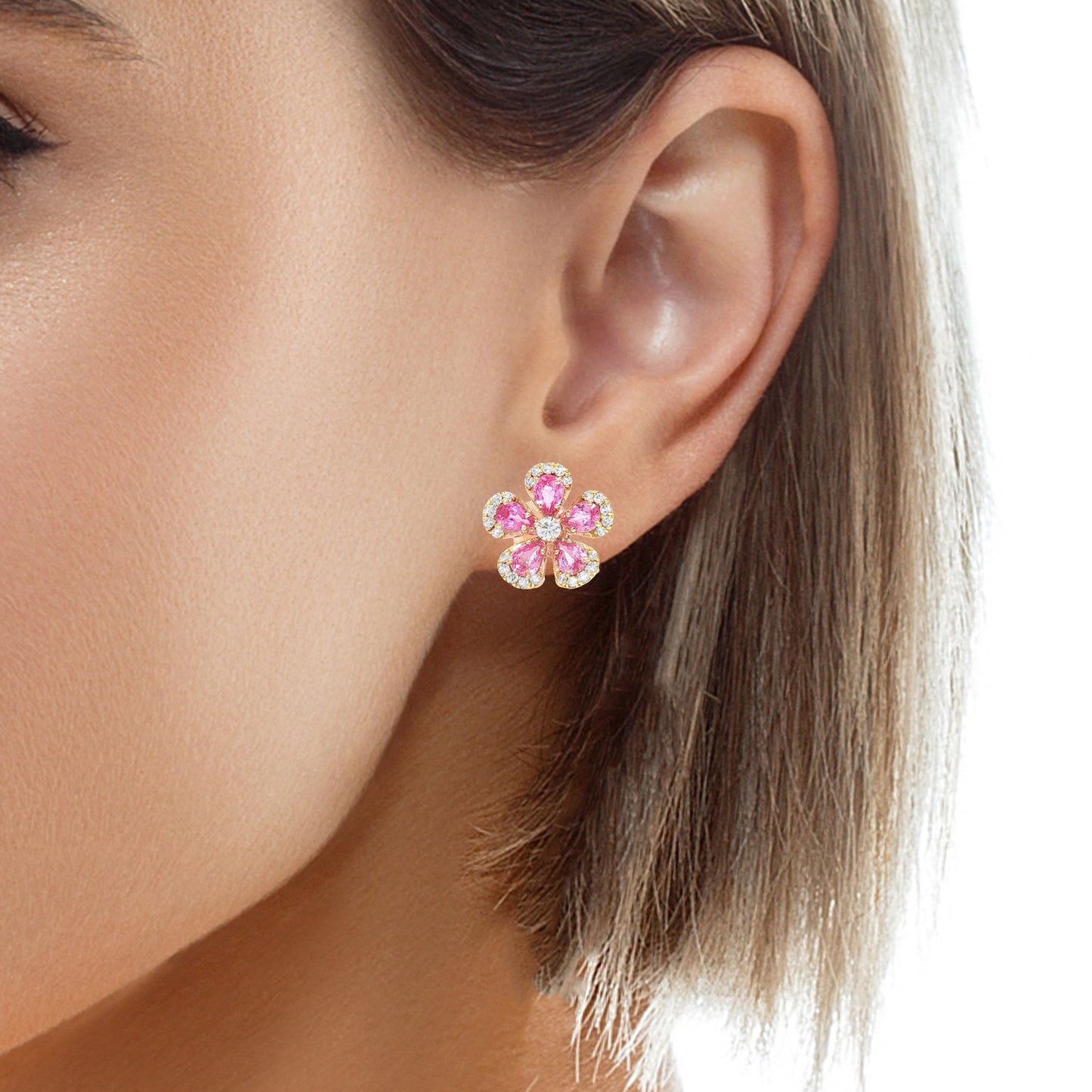 Pink Sapphire Chamomile Flower Earrings