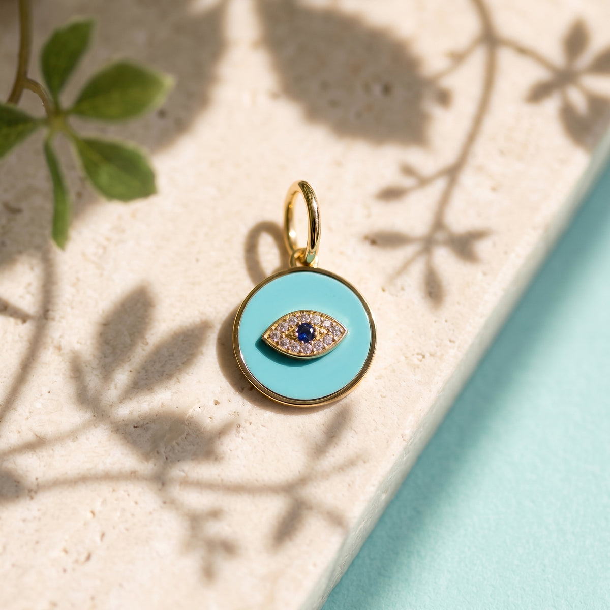 14k Yellow Gold Turquoise Evil Eye Medallion Pendant