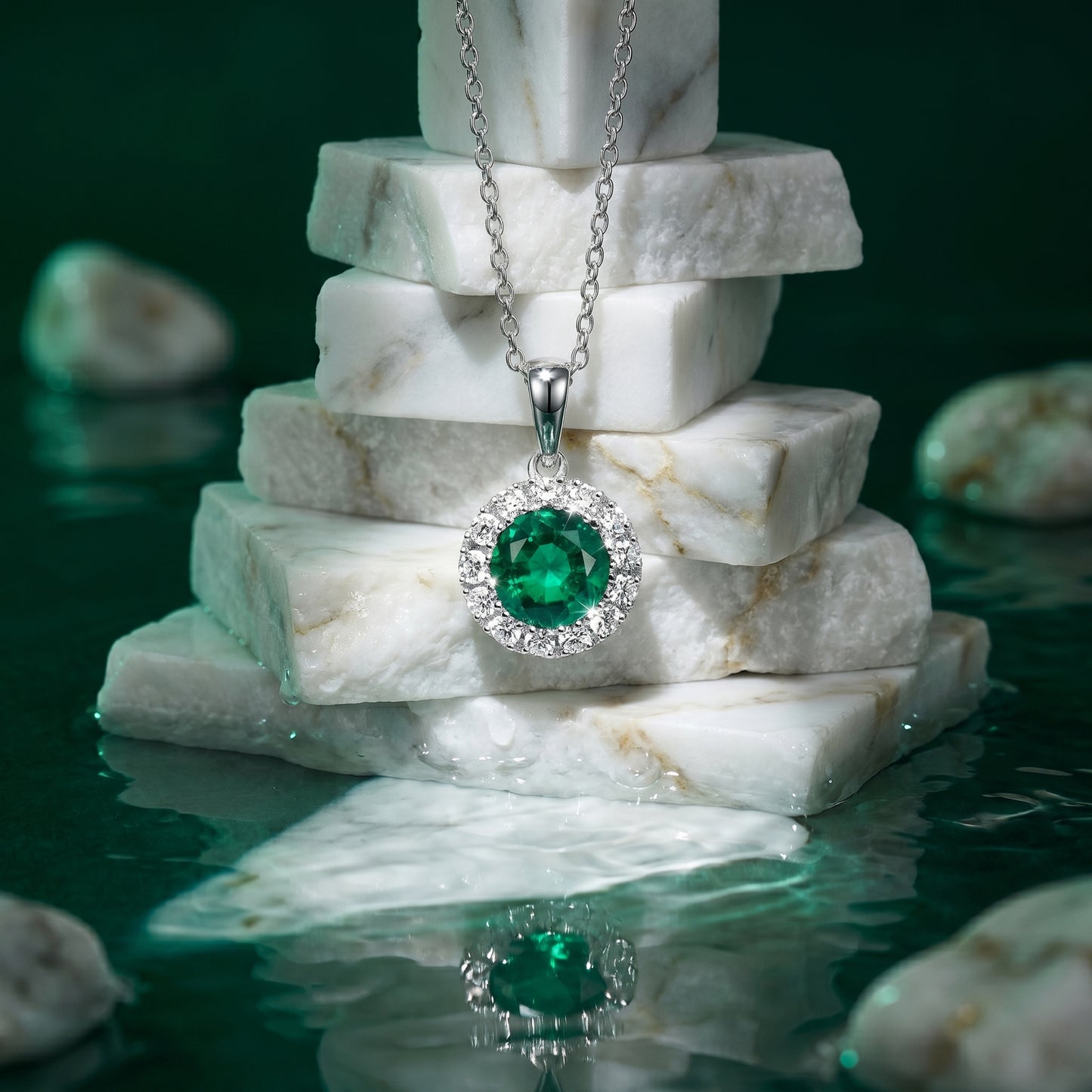 Round Vibrant Green Emerald Pendant in 18k White Gold