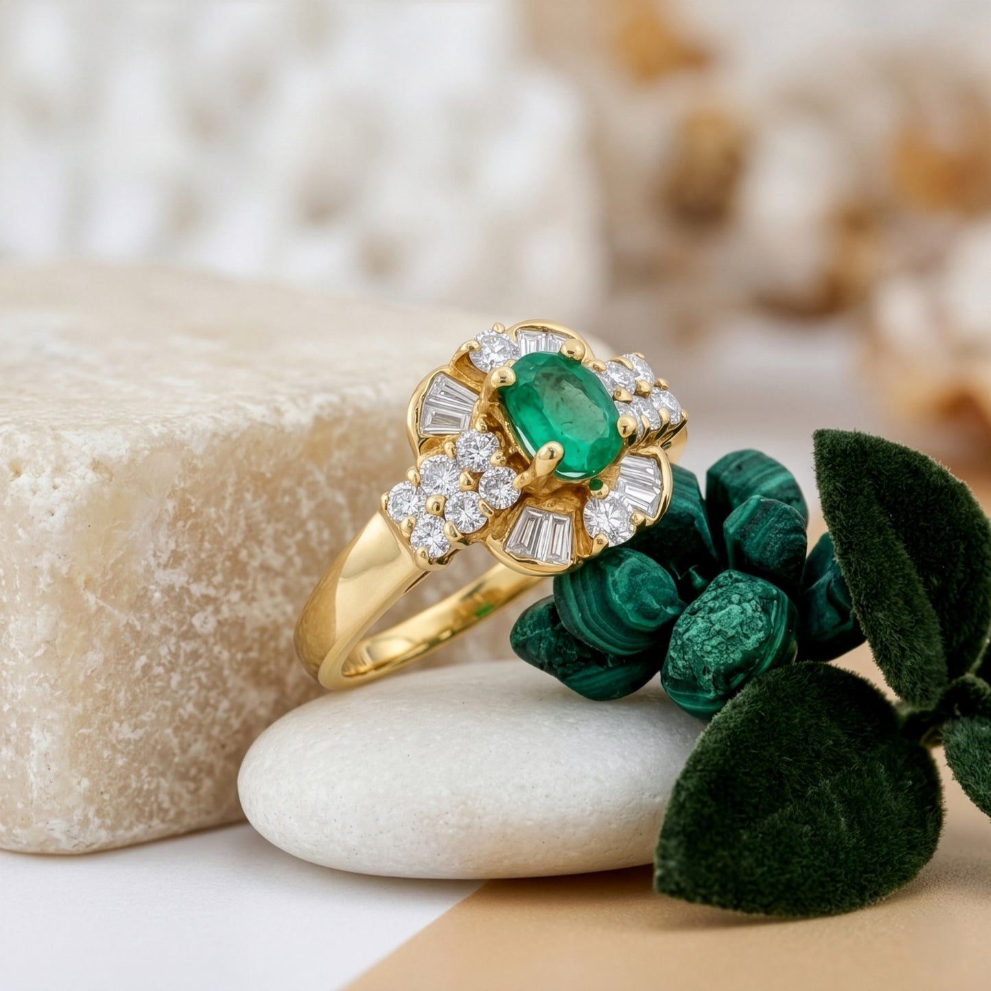 Oval-Cut Emerald & Diamond Cluster Ring in Yellow Gold