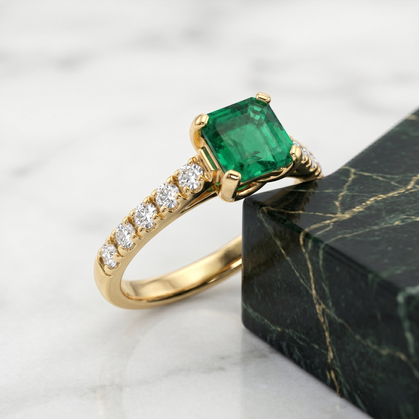Asscher-Cut Emerald and Diamond Ring In Yellow Gold