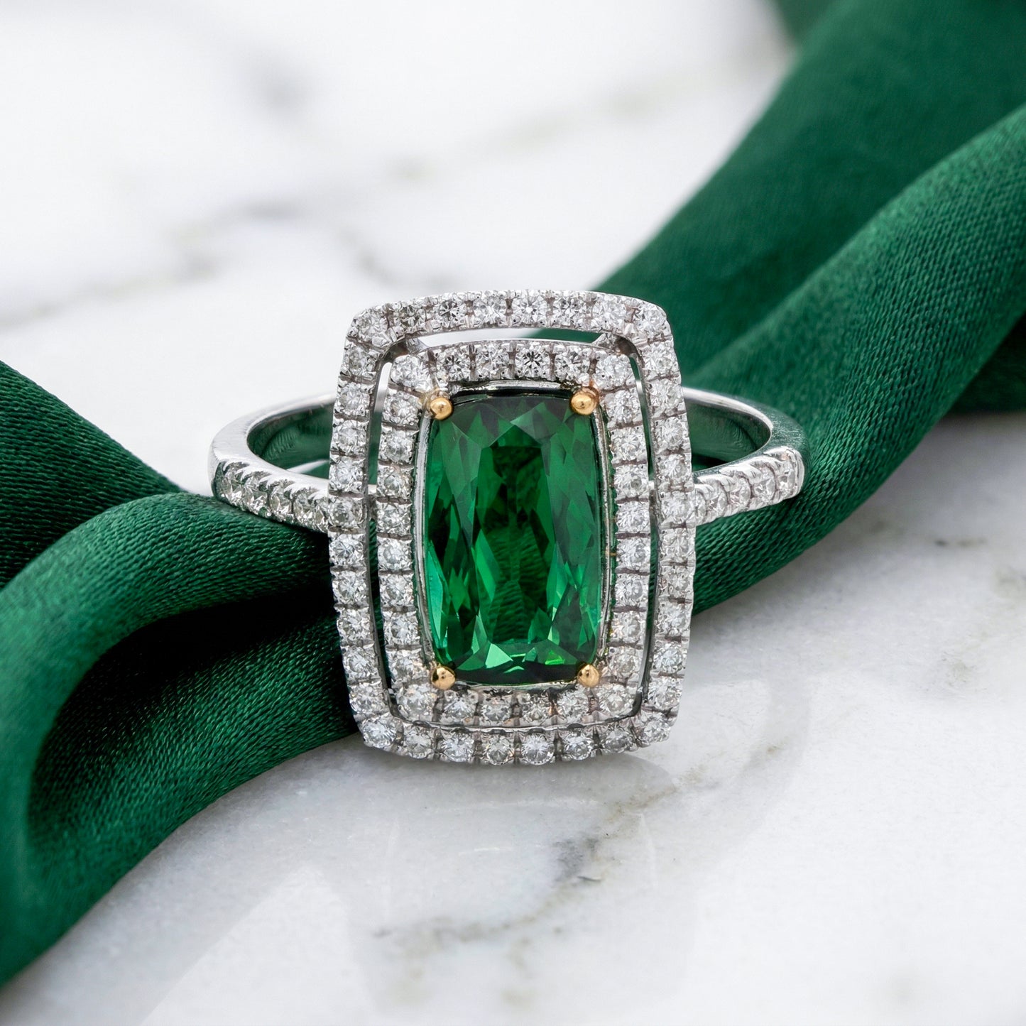 "Luma" Cushion Cut Green Tourmaline Ring in 18k White Gold
