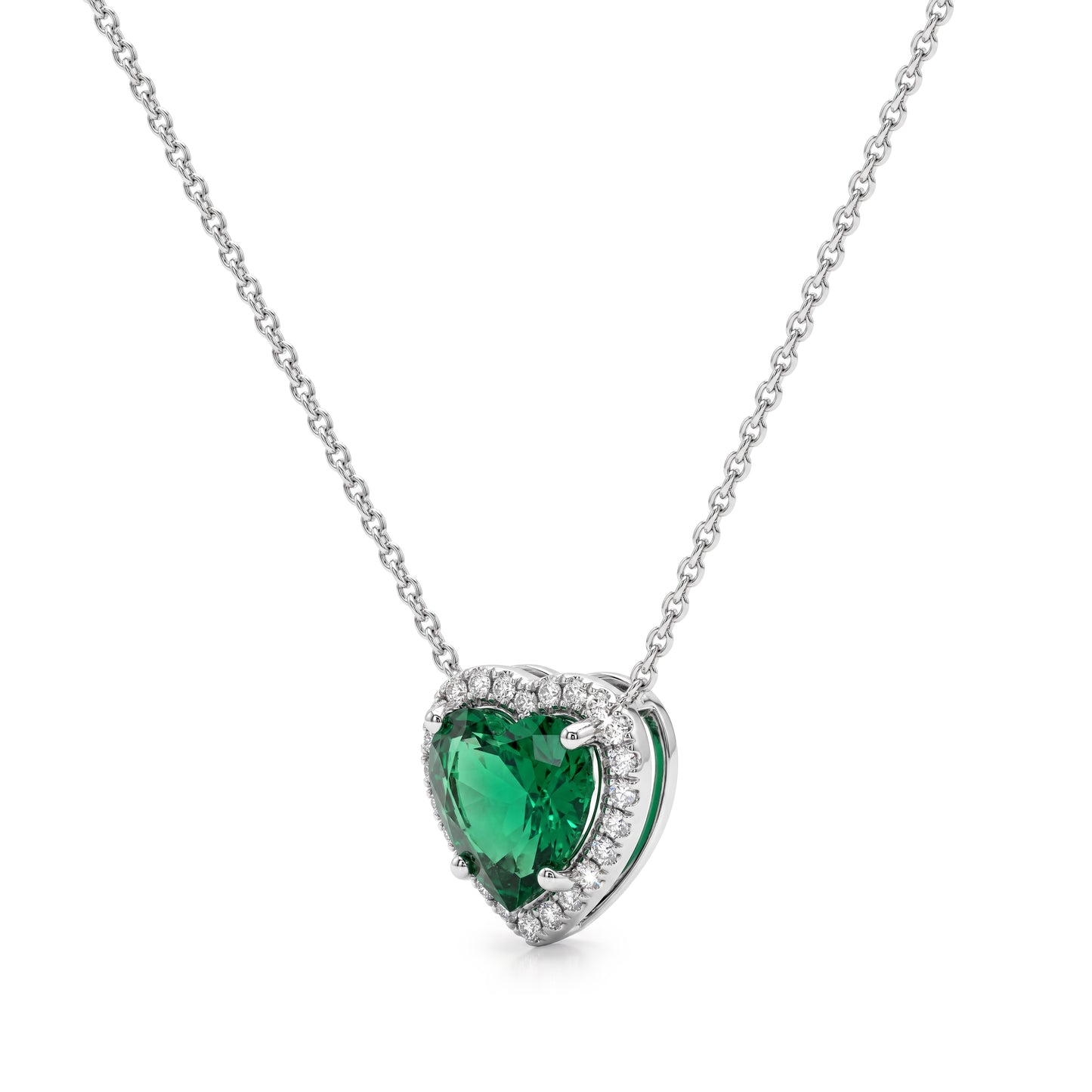 Heart Shaped Emerald & Diamond Pendant in 18k White Gold
