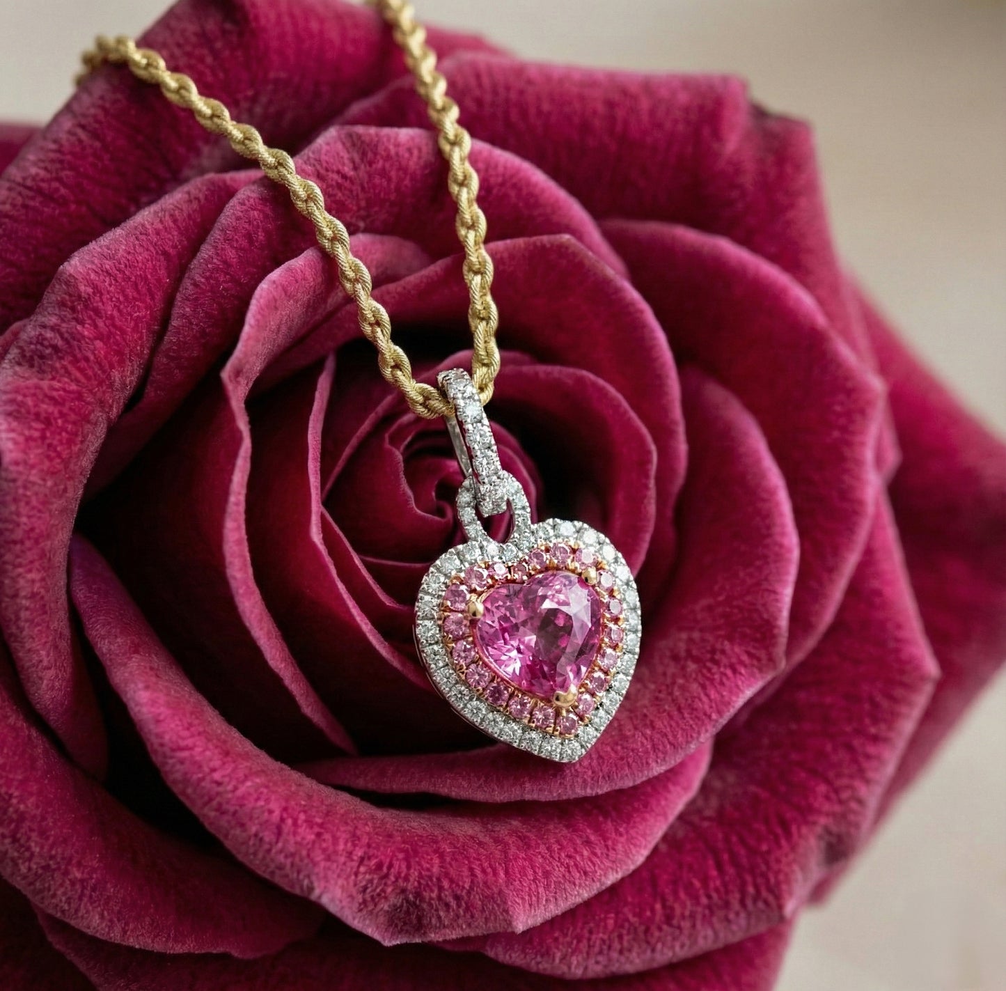 Heart-Shaped Pink Sapphire & Diamond Pendant in 18k Gold