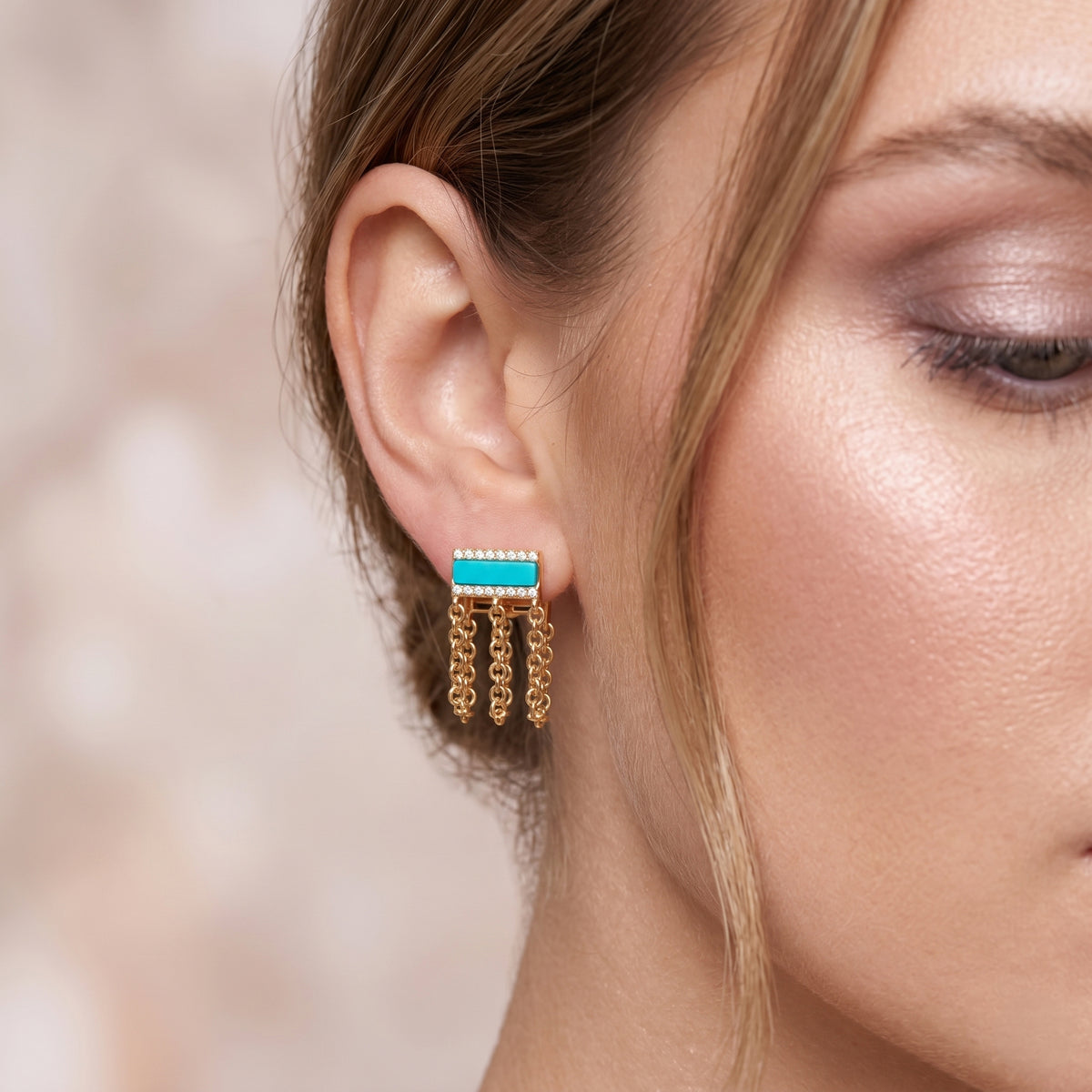 Turquoise & Diamond Chain Fringe Earrings