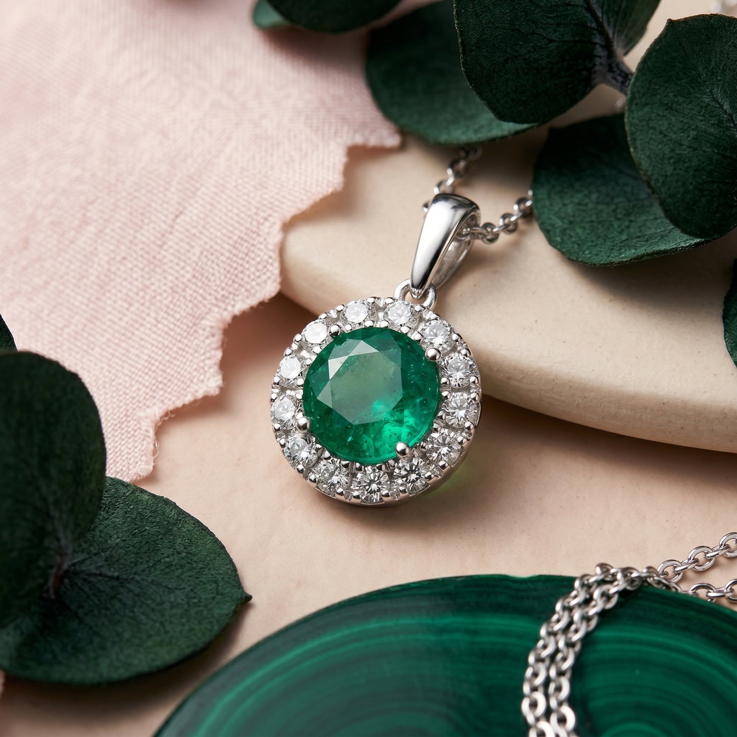 Round Vibrant Green Emerald Pendant in 18k White Gold