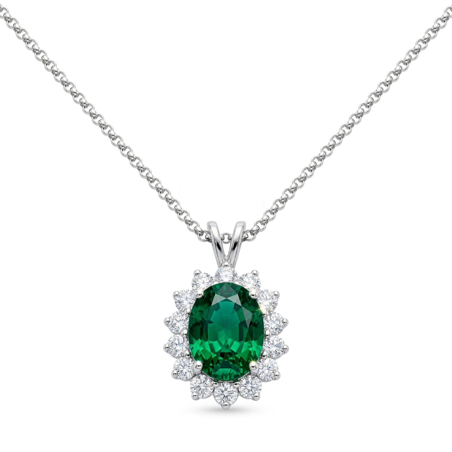 Oval Emerald & Diamond Pendant in 18k White Gold