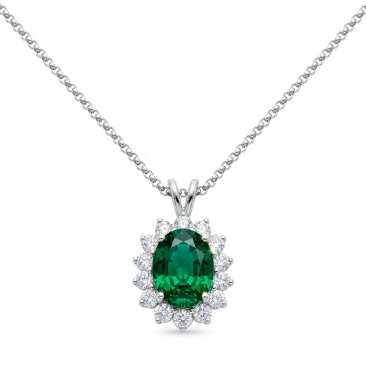 Oval Emerald & Diamond Pendant in 18k White Gold