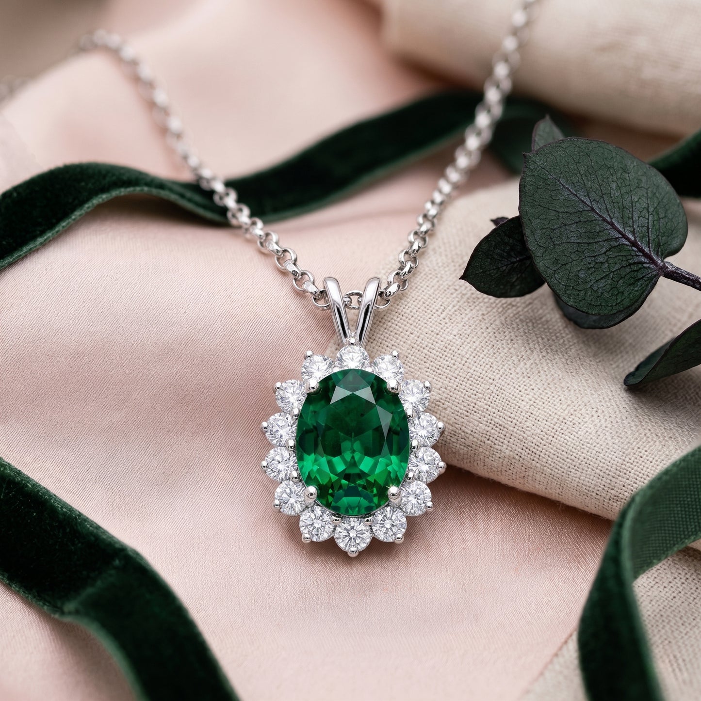 Oval Emerald & Diamond Pendant in 18k White Gold