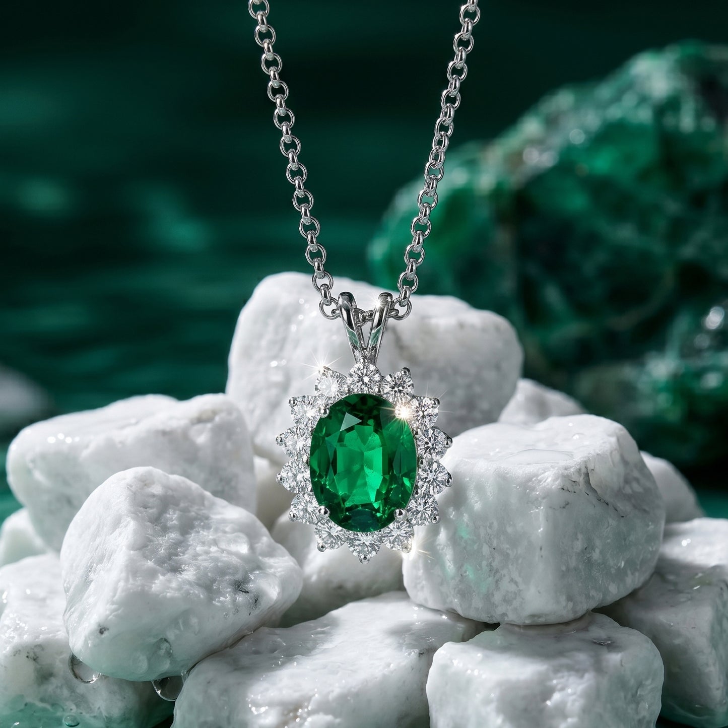 Oval Emerald & Diamond Pendant in 18k White Gold