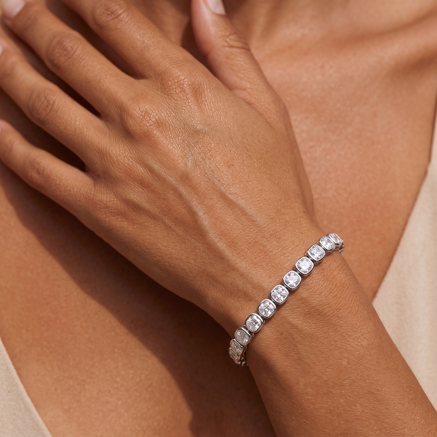 Grand Cushion-Cut Diamond Bezel-Set Tennis Bracelet in Platinum