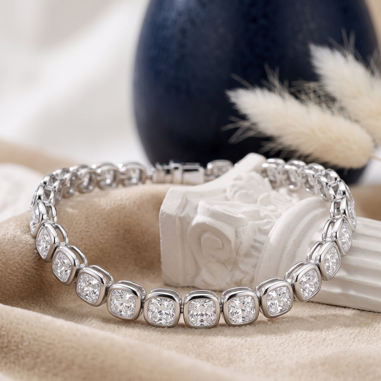 Grand Cushion-Cut Diamond Bezel-Set Tennis Bracelet in Platinum