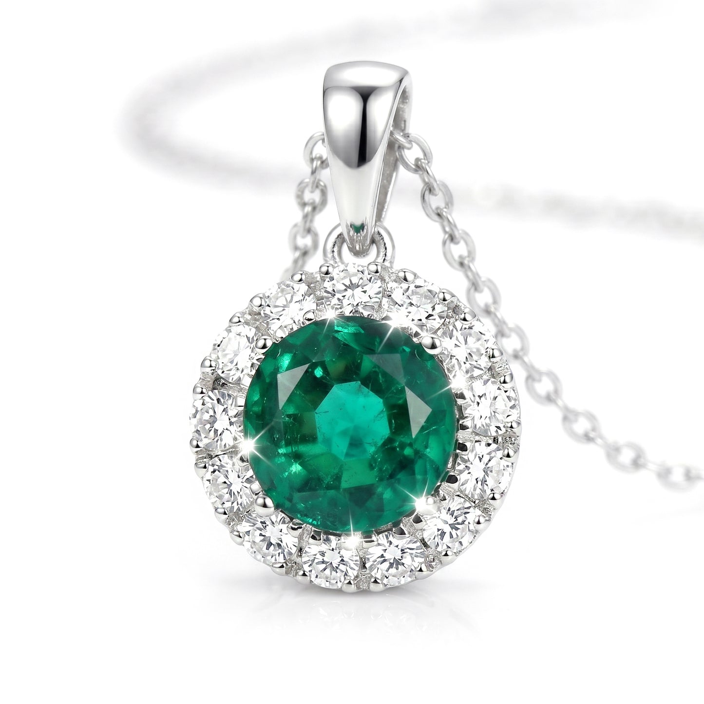 Round Vibrant Green Emerald Pendant in 18k White Gold