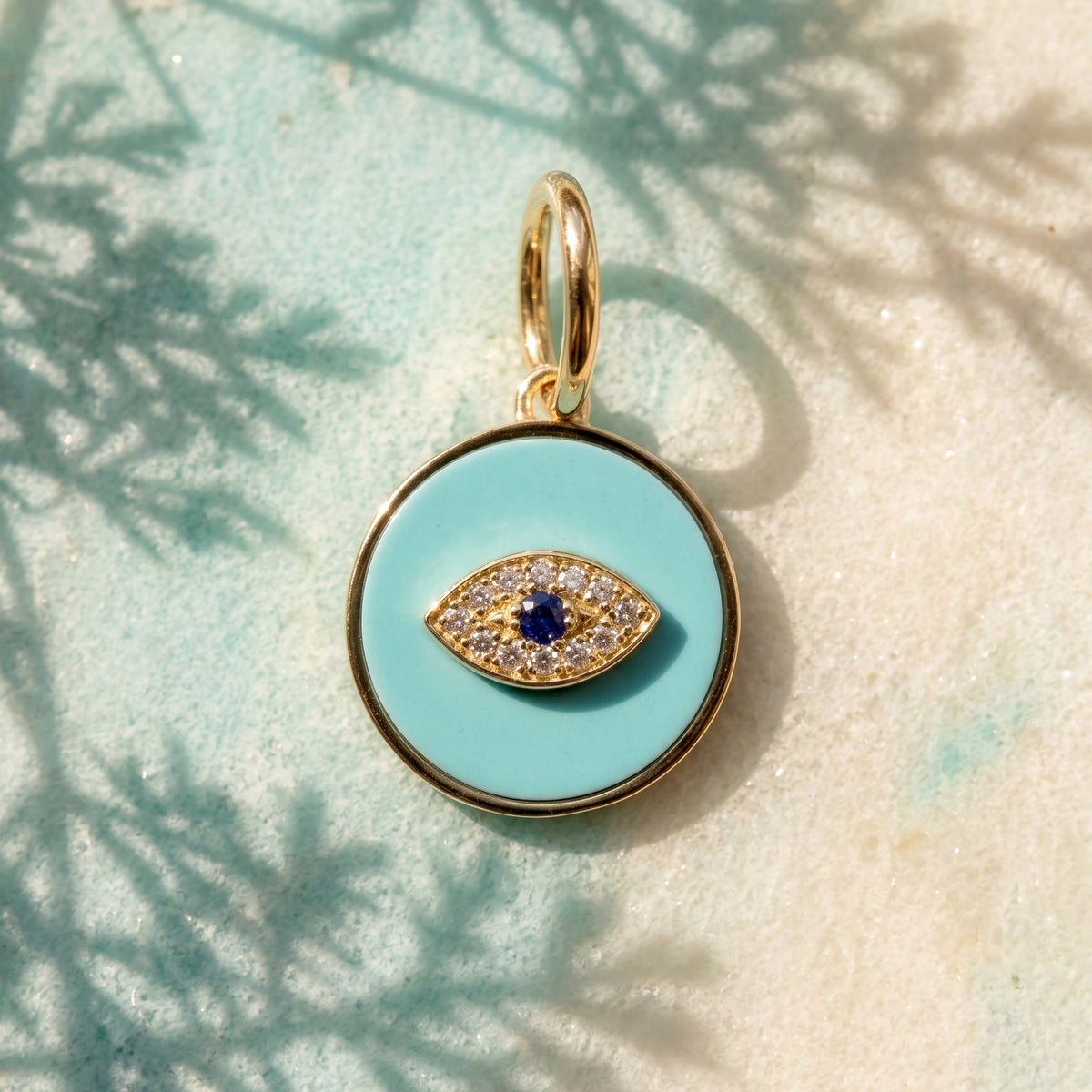 14k Yellow Gold Turquoise Evil Eye Medallion Pendant