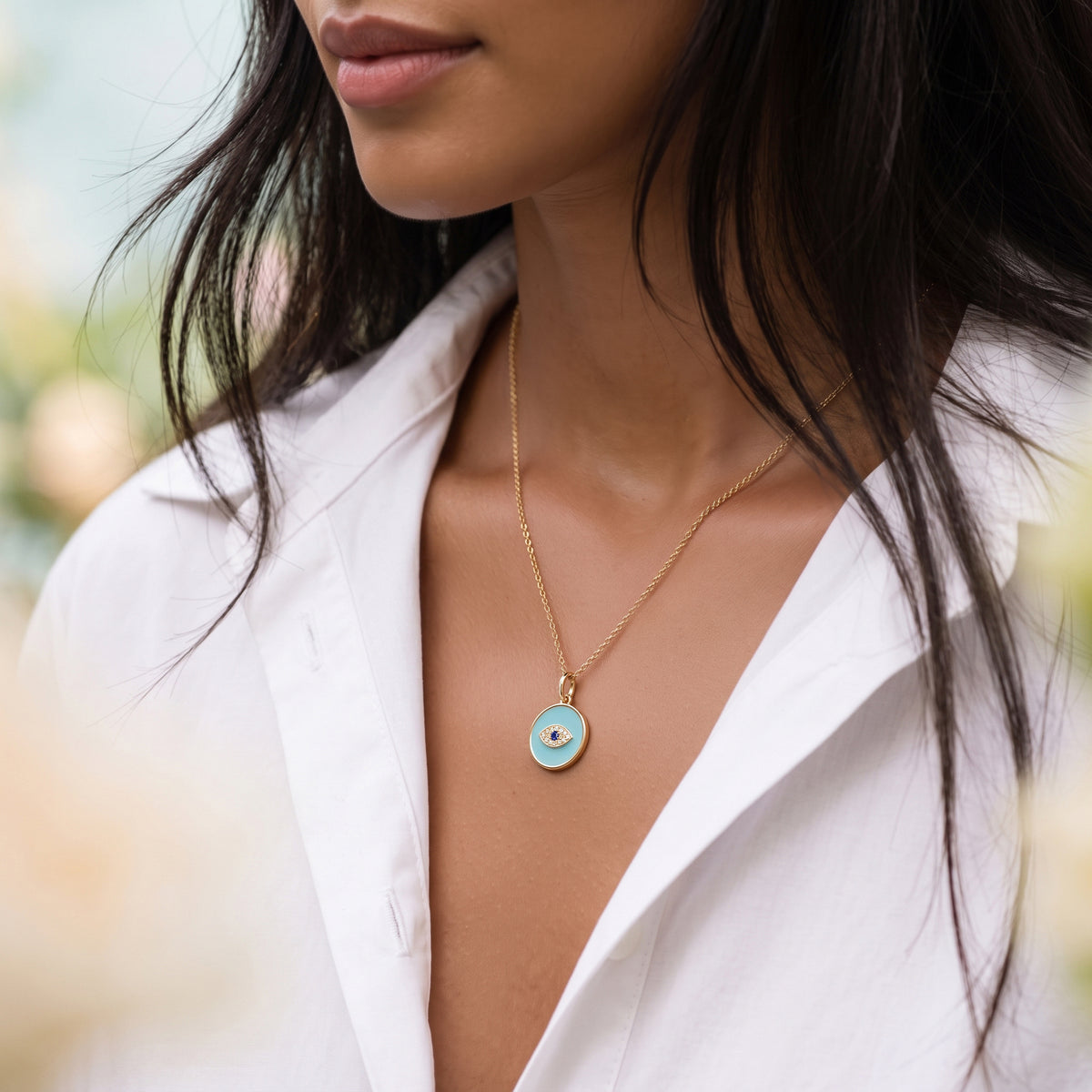 14k Yellow Gold Turquoise Evil Eye Medallion Pendant