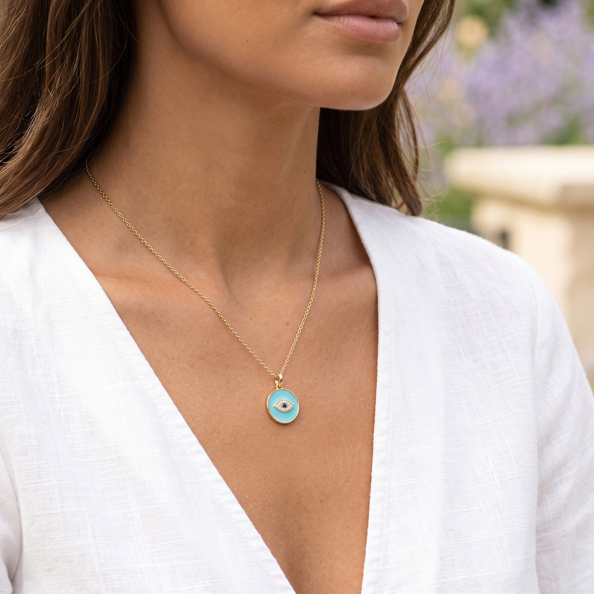 14k Yellow Gold Turquoise Evil Eye Medallion Pendant