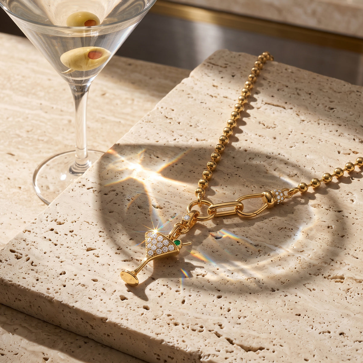 14k Yellow Gold Diamond & Tsavorite Martini Glass Charm