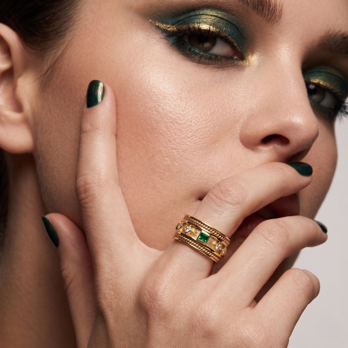 Emerald and Diamond Etruscan Style Band