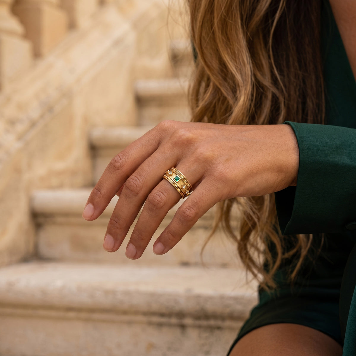 Emerald and Diamond Etruscan Style Band