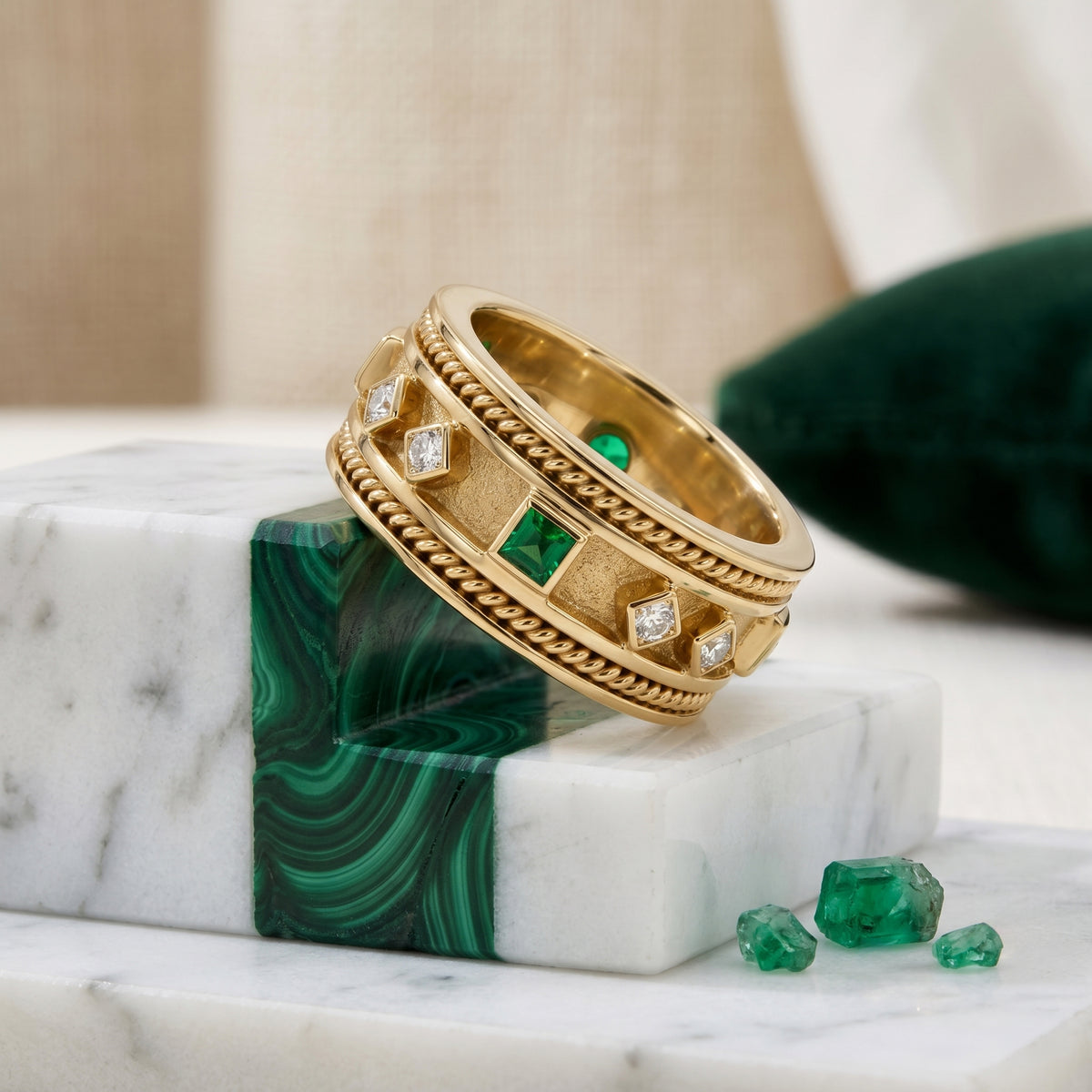 Emerald and Diamond Etruscan Style Band