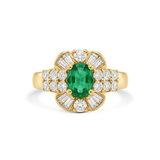 Oval-Cut Emerald & Diamond Cluster Ring in 14k Yellow Gold