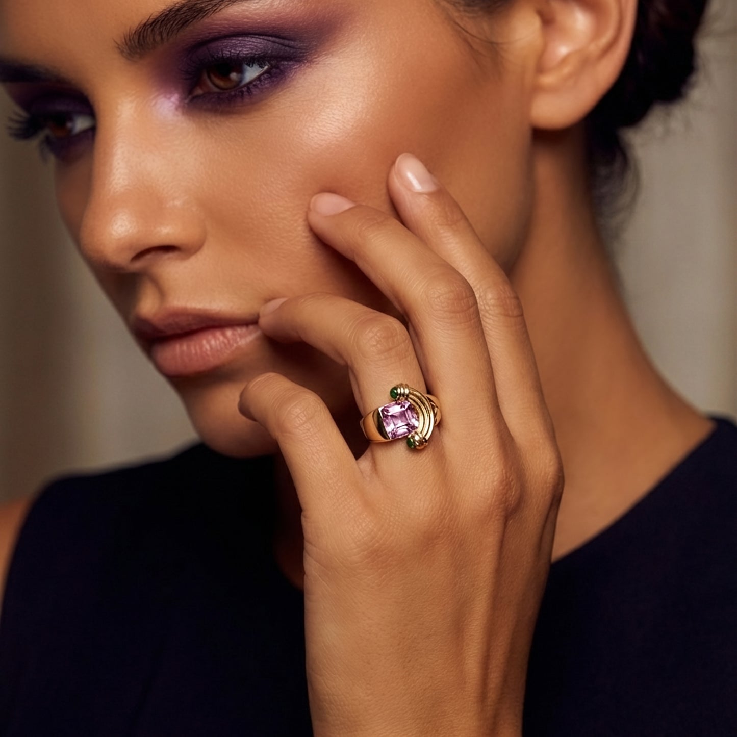 Avant-Garde style amethyst and green tourmaline ring
