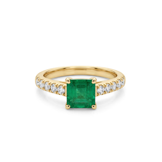 Asscher-Cut Emerald and Diamond Ring In 14k Yellow Gold