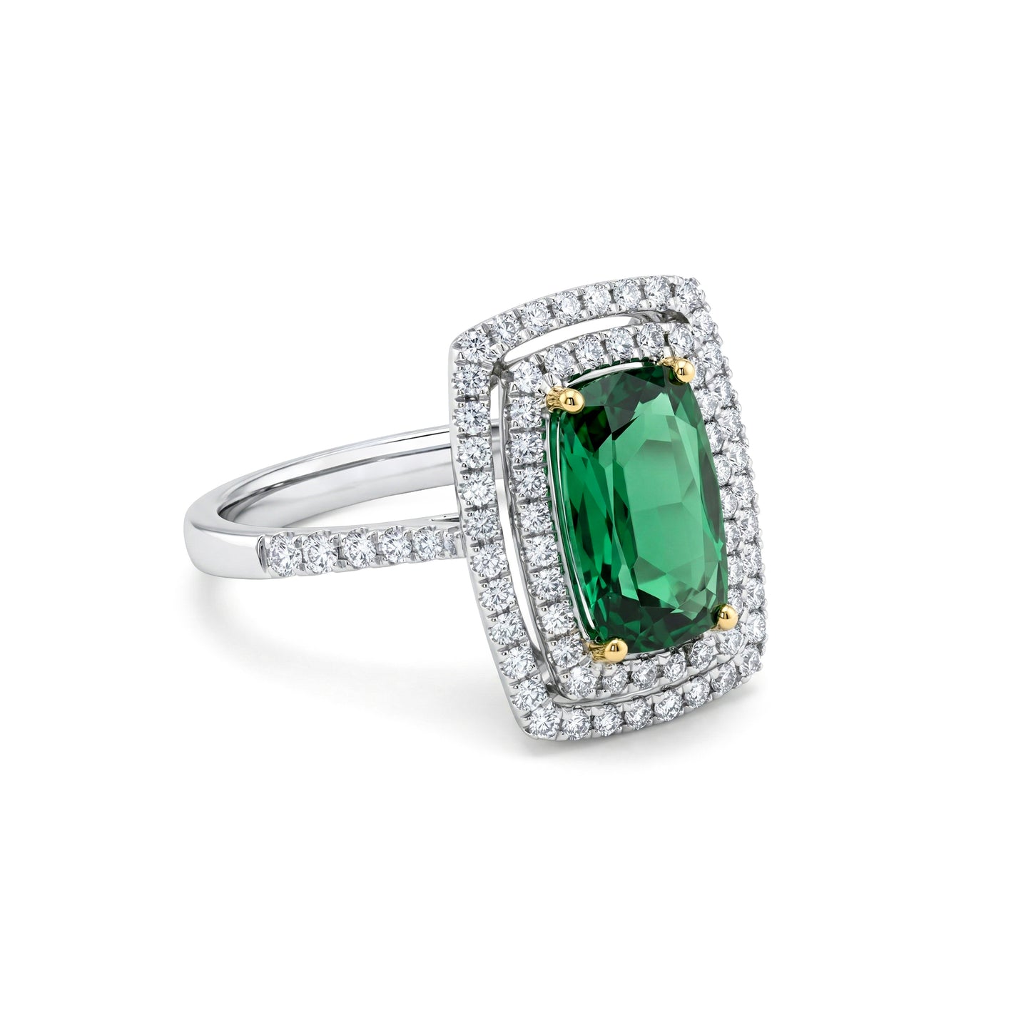 "Luma" Cushion Cut Green Tourmaline Ring in 18k White Gold