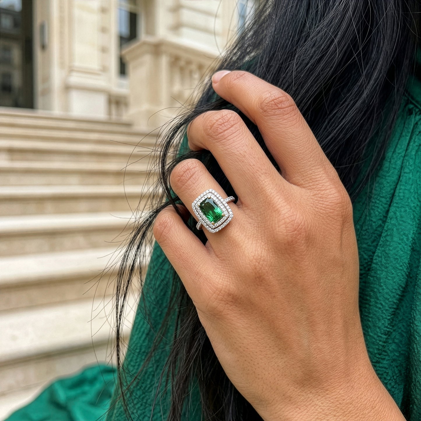 "Luma" Cushion Cut Green Tourmaline Ring in 18k White Gold