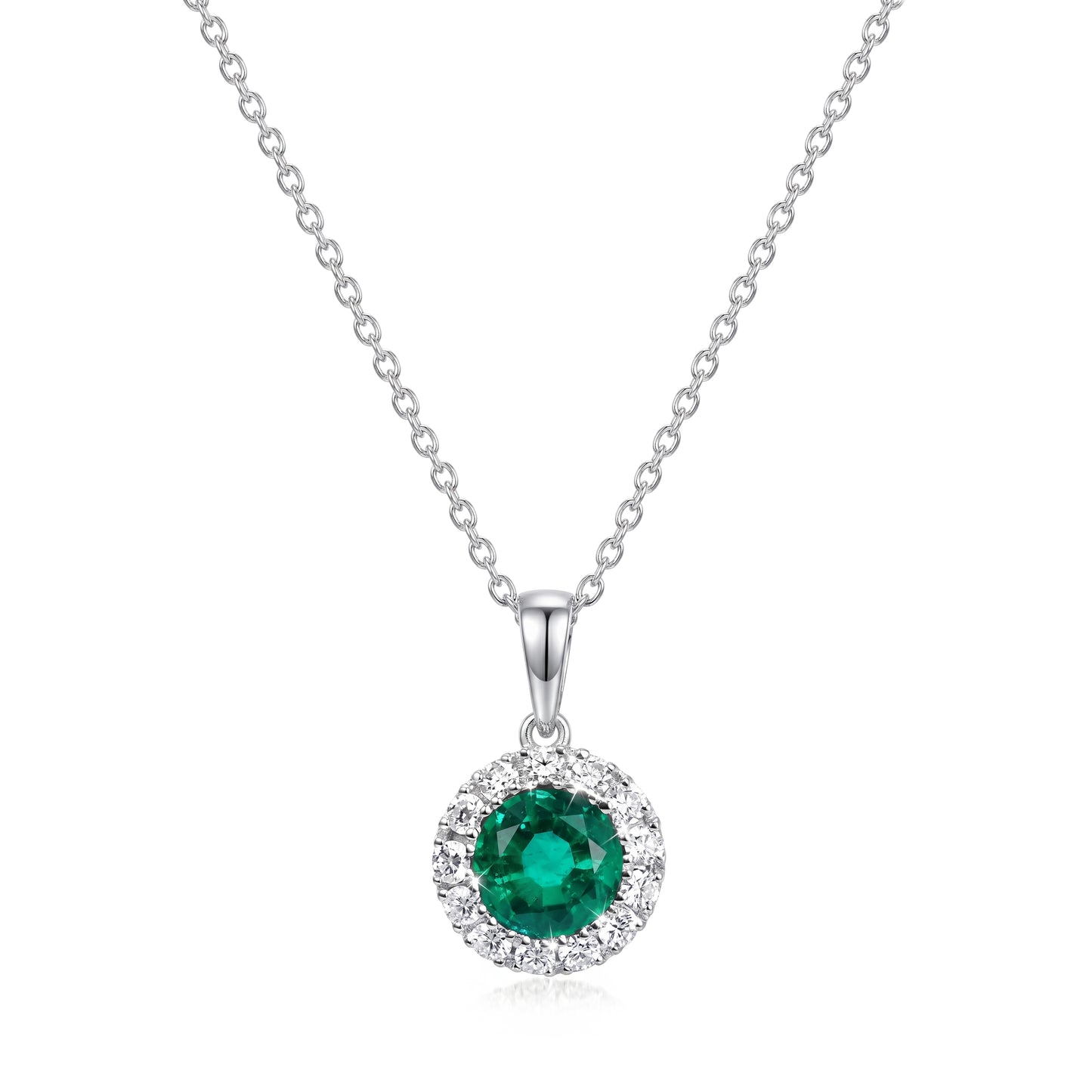 Round Vibrant Green Emerald Pendant in 18k White Gold