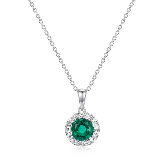 Round Vibrant Green Emerald Pendant in 18k White Gold