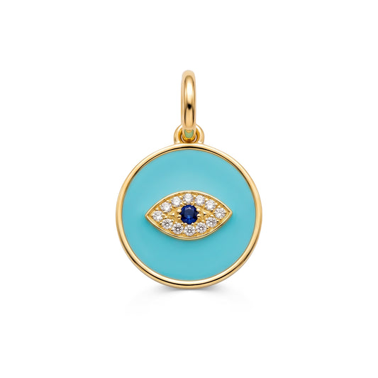 14k Yellow Gold Turquoise Evil Eye Medallion Pendant