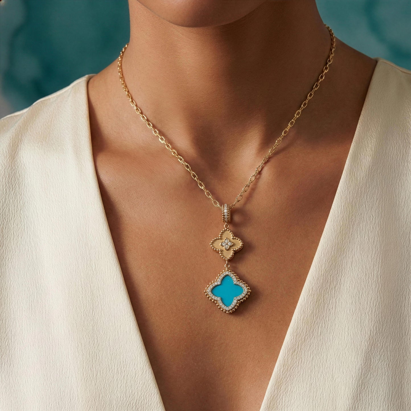 18k yellow gold Turquoise Double Clover Pendant