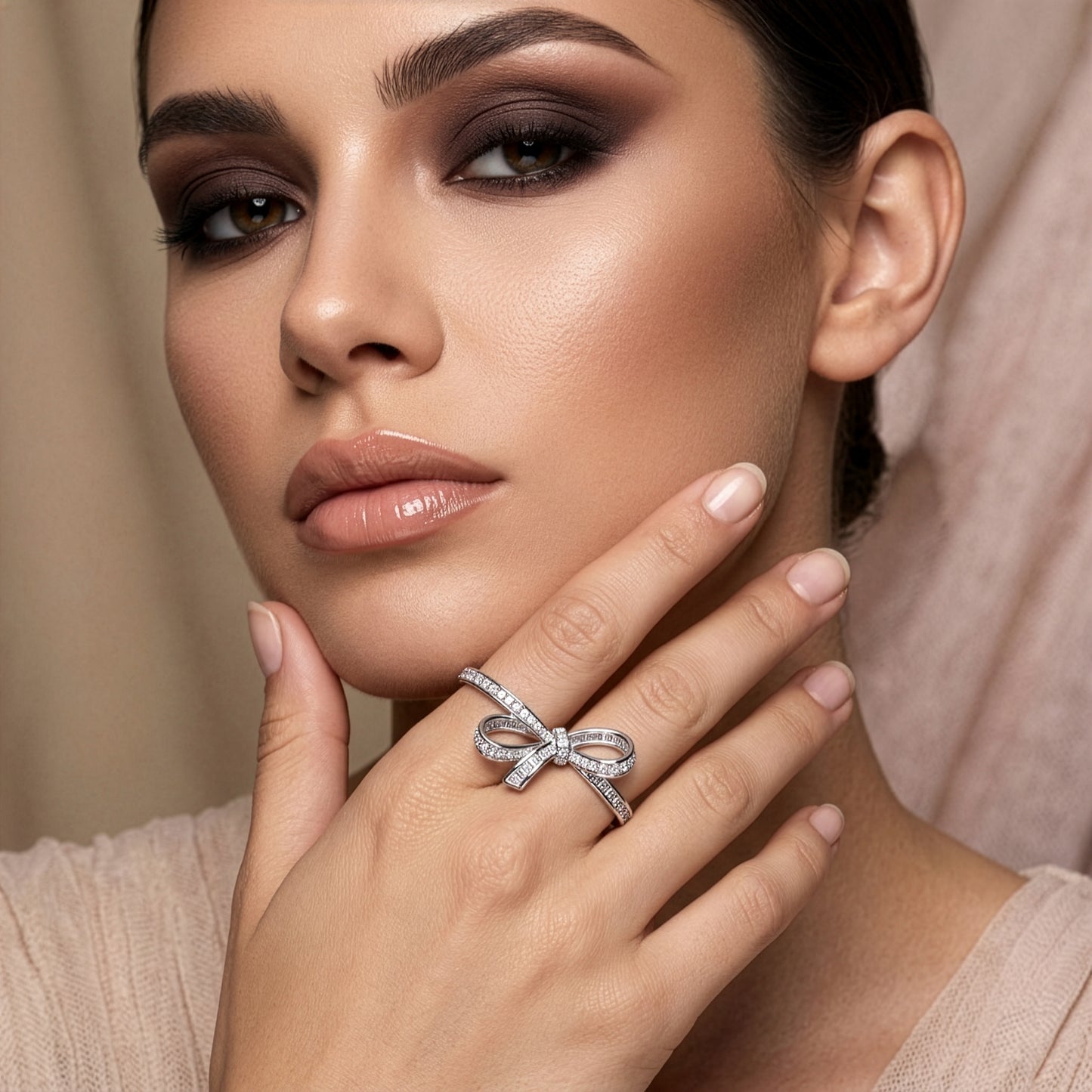 Diamond Bow Two-Finger Ring in 18k White Gold