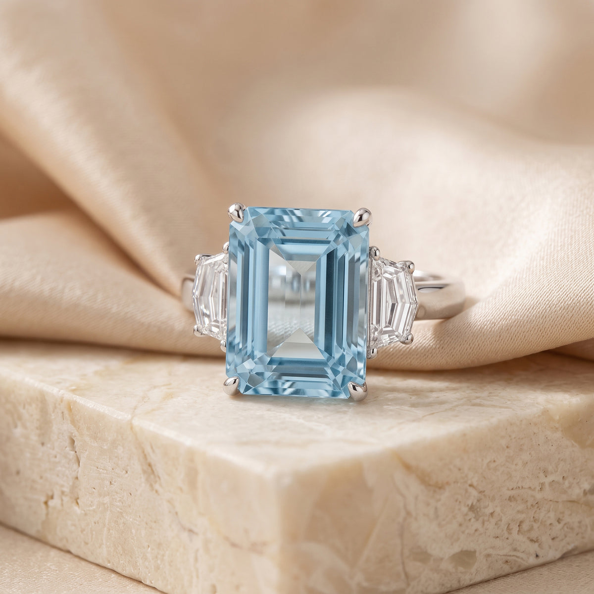Emerald Cut Aquamarine Ring in Platinum