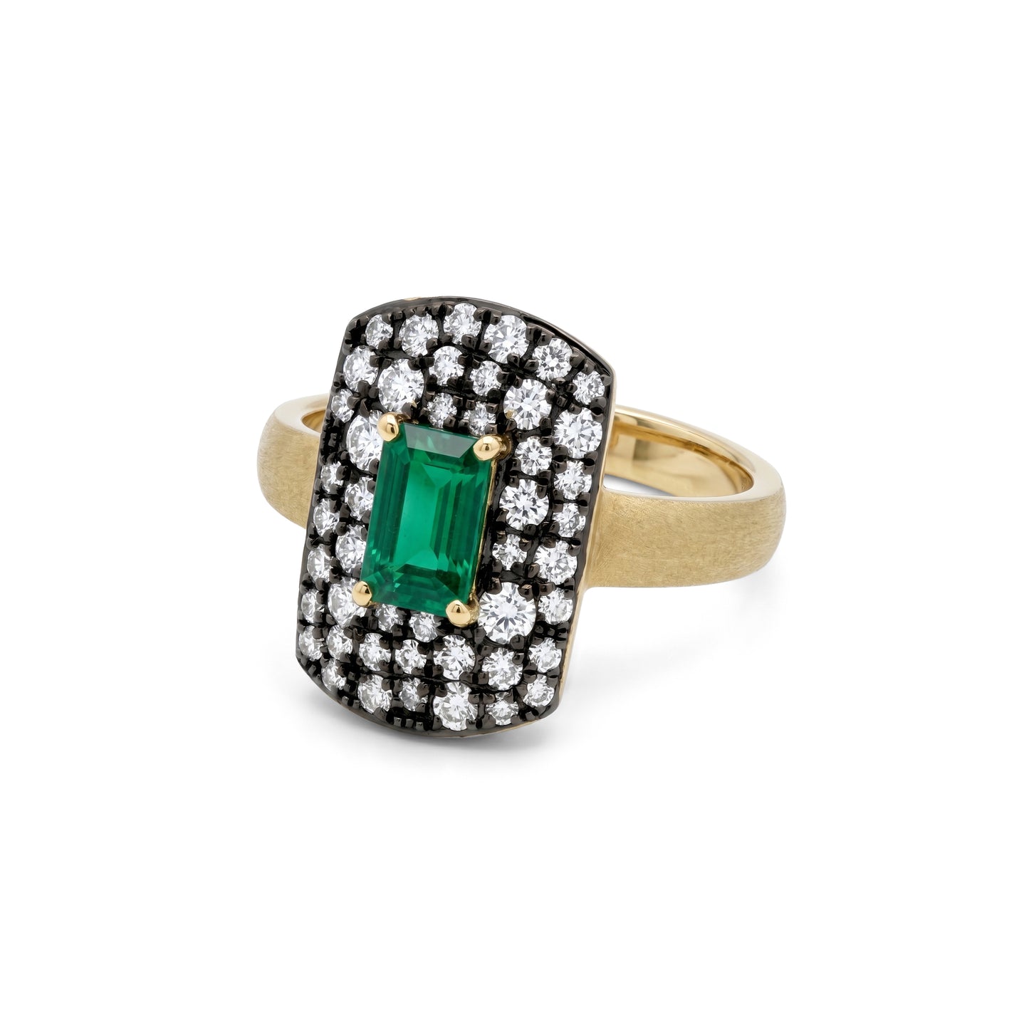 Emerald Cut Emerald & Damond Halo Statement Ring in 14k Yellow Gold