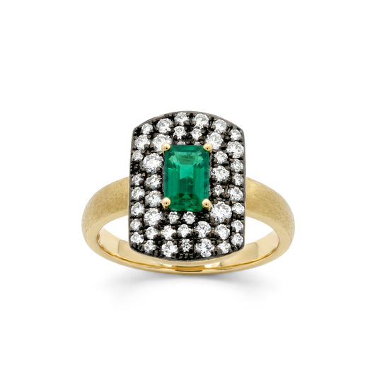 Emerald Cut Emerald & Damond Halo Statement Ring in 14k Yellow Gold