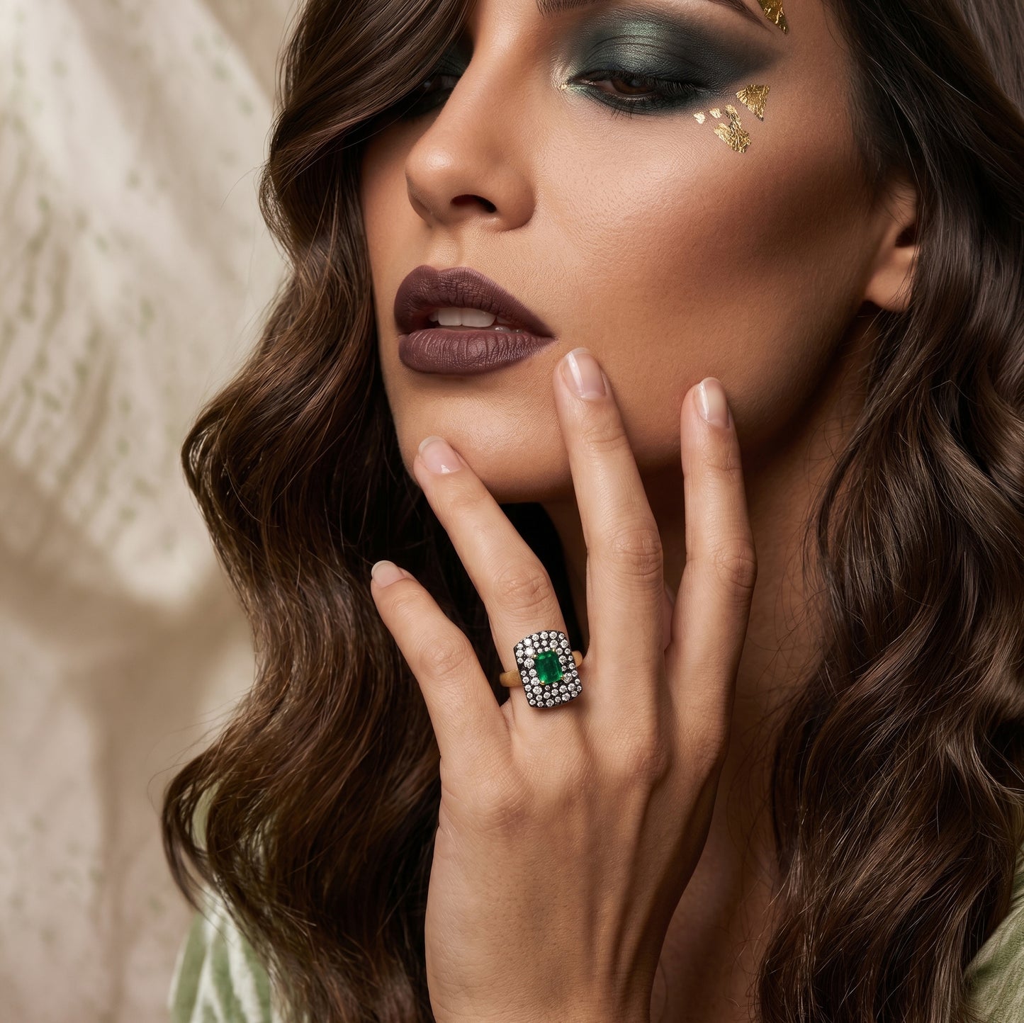 Emerald Cut Emerald & Damond Halo Statement Ring in 14k Yellow Gold