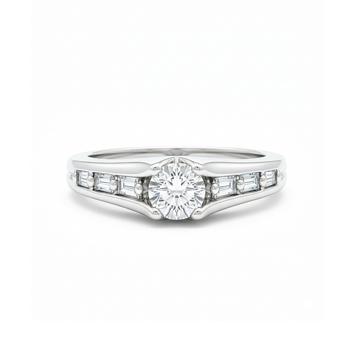 Round Brilliant & Baguette Diamond Ring in White Gold