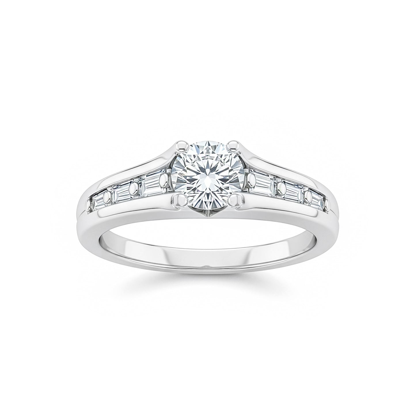 Round Brilliant & Baguette Diamond Ring in White Gold