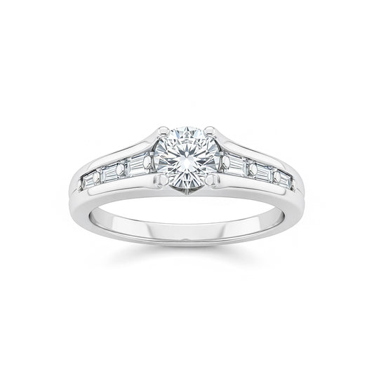 Round Brilliant & Baguette Diamond Ring in White Gold
