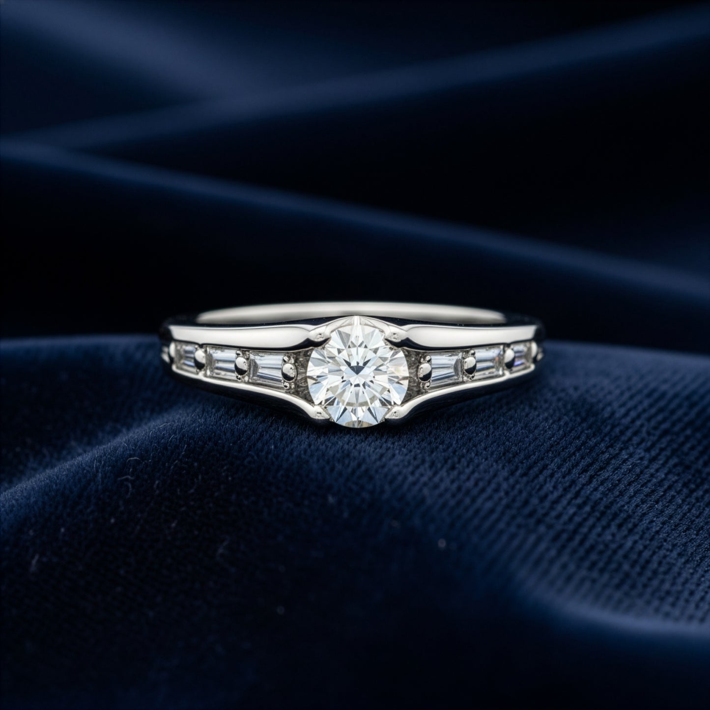 Round Brilliant & Baguette Diamond Ring in White Gold