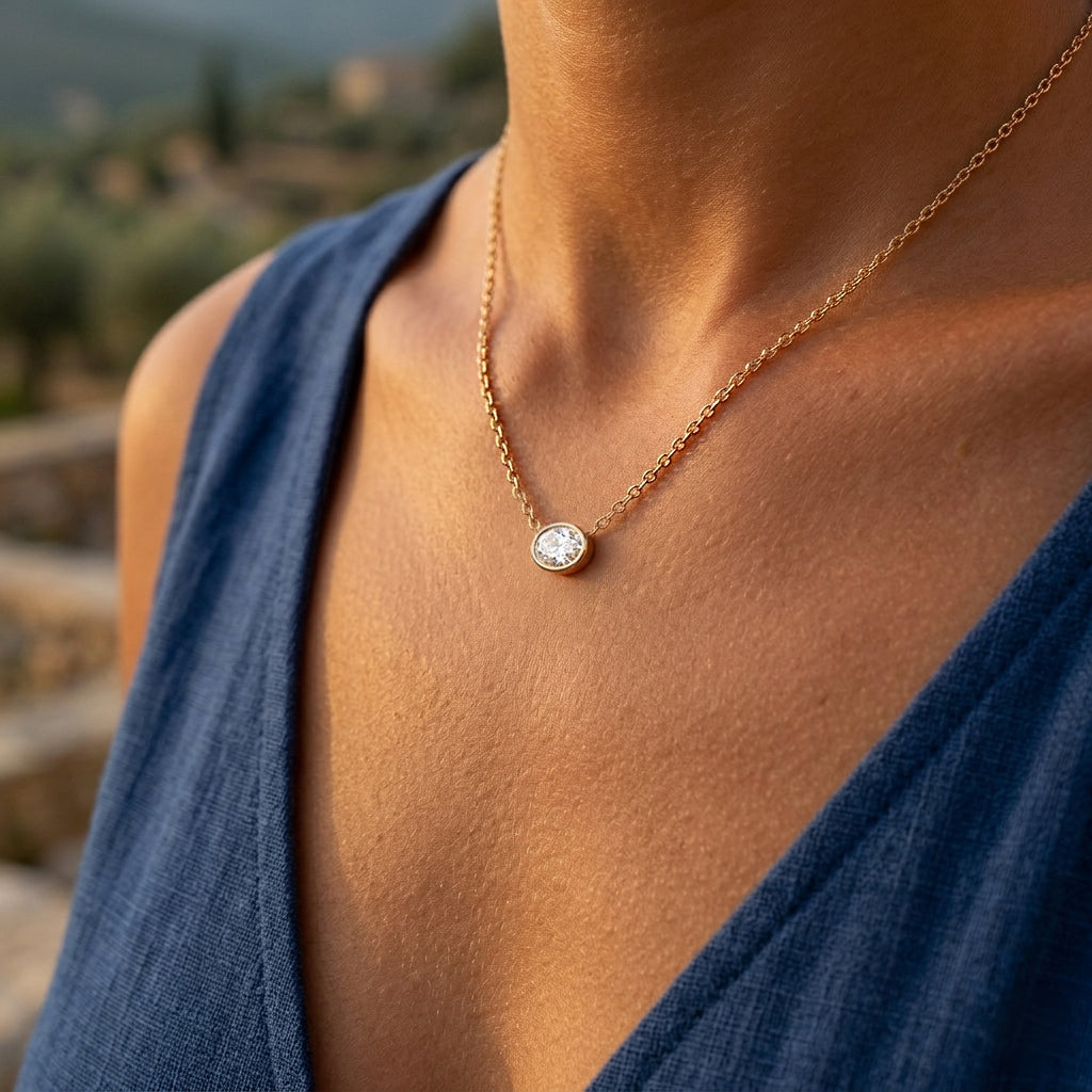 Lab Grown Oval Bezel Set Diamond Pendent Necklace