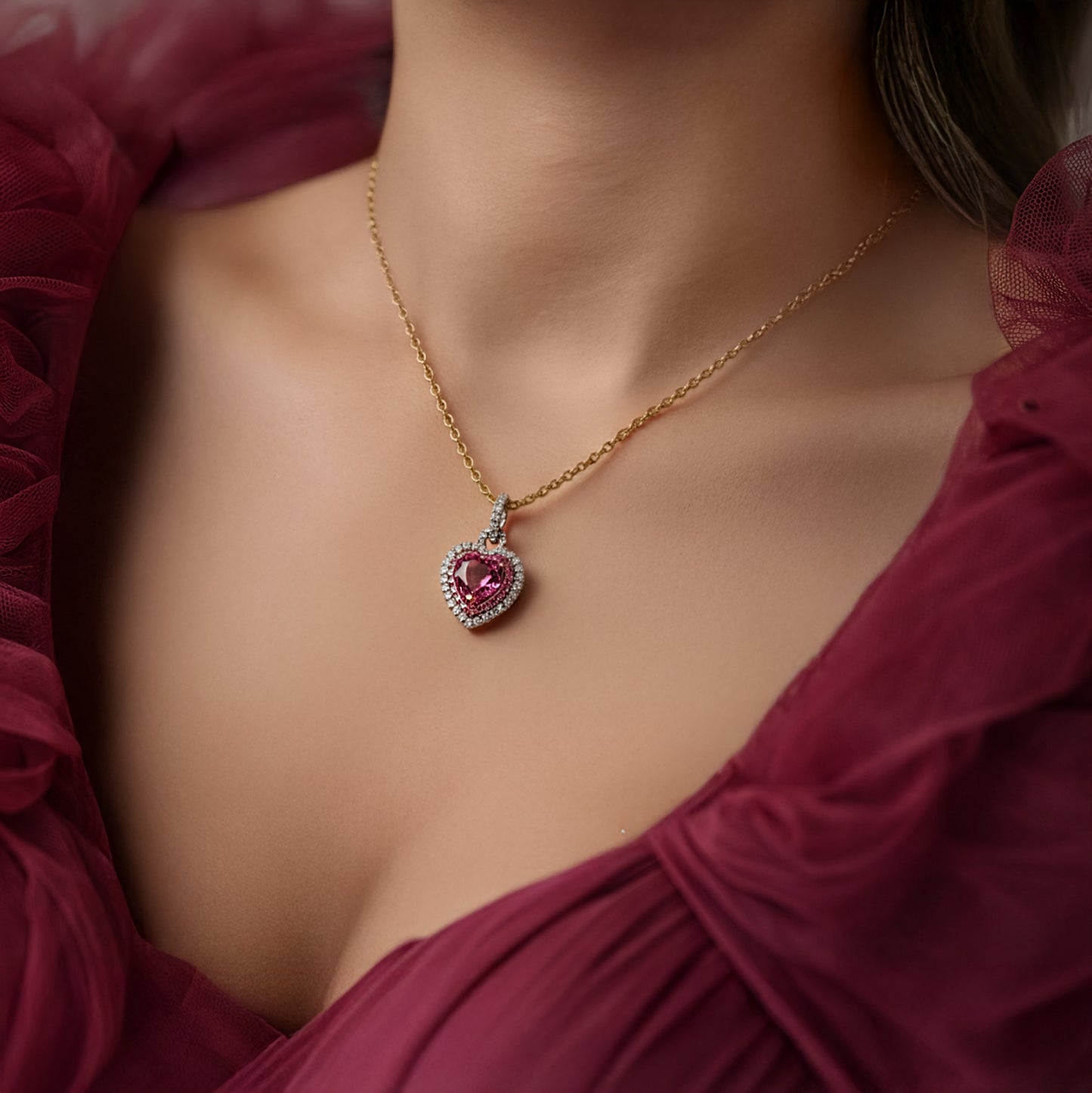 Heart-Shaped Pink Sapphire & Diamond Pendant in 18k Gold