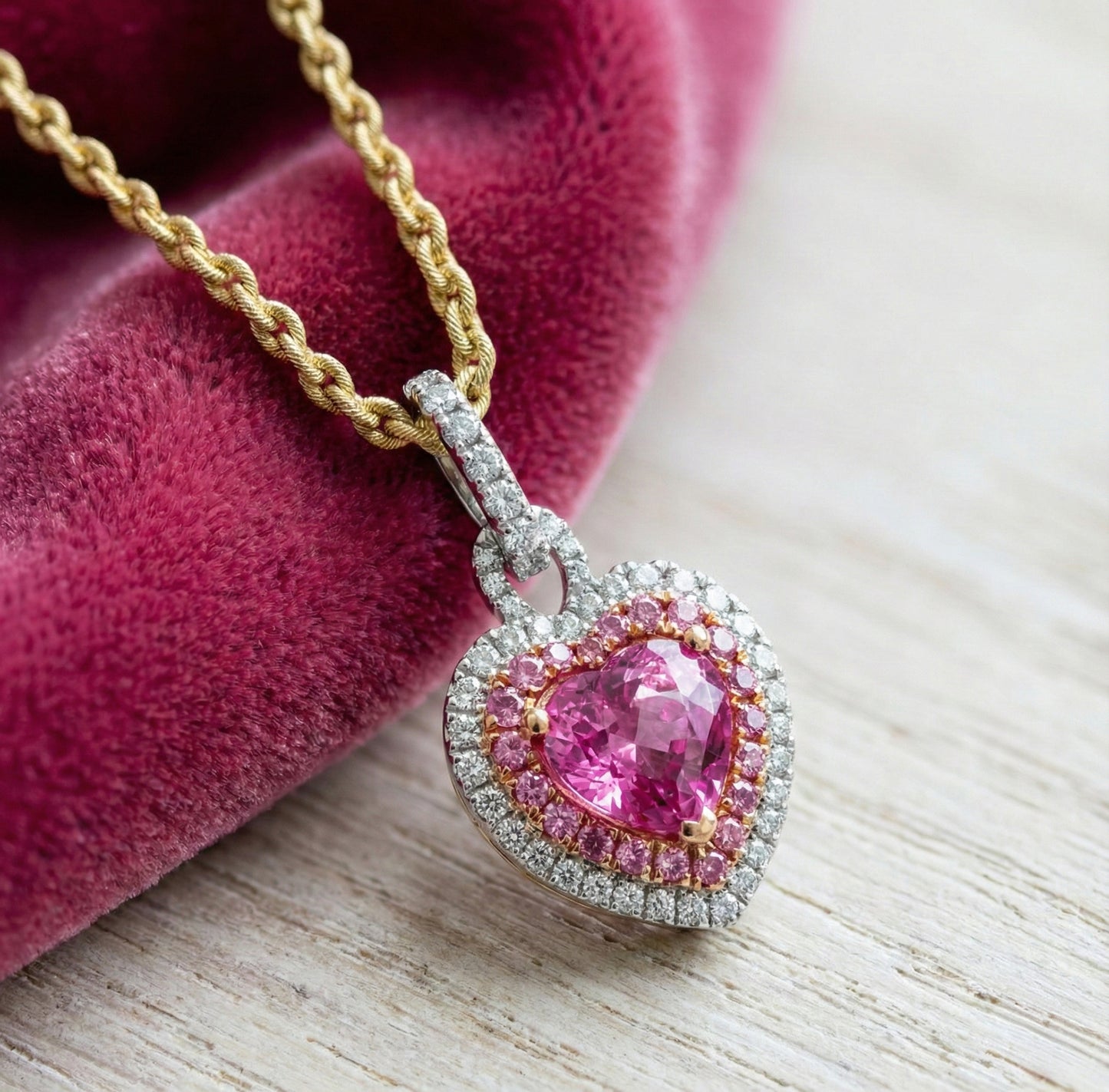 Heart-Shaped Pink Sapphire & Diamond Pendant in 18k Gold