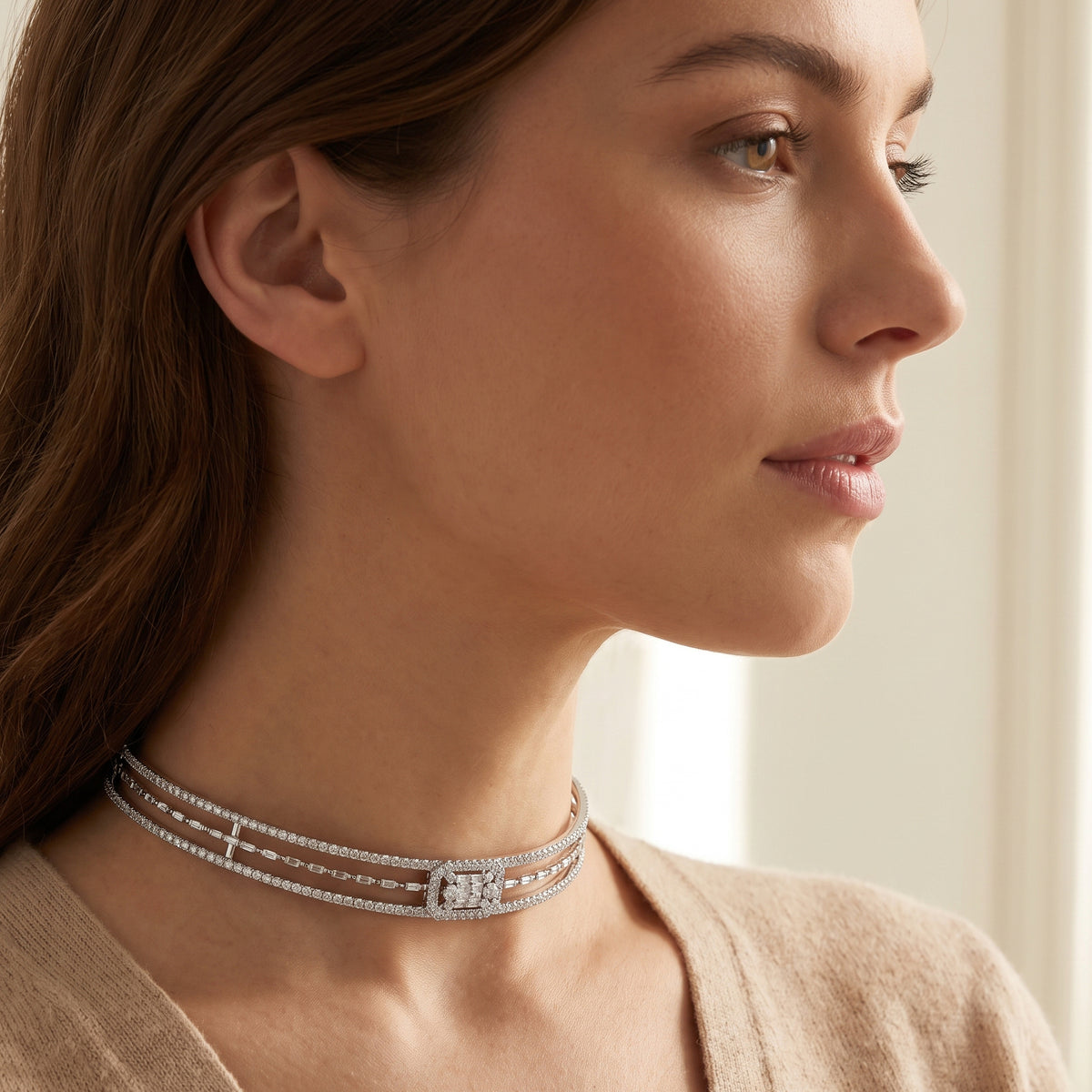 18k White Gold Baguette & Round Diamond Choker