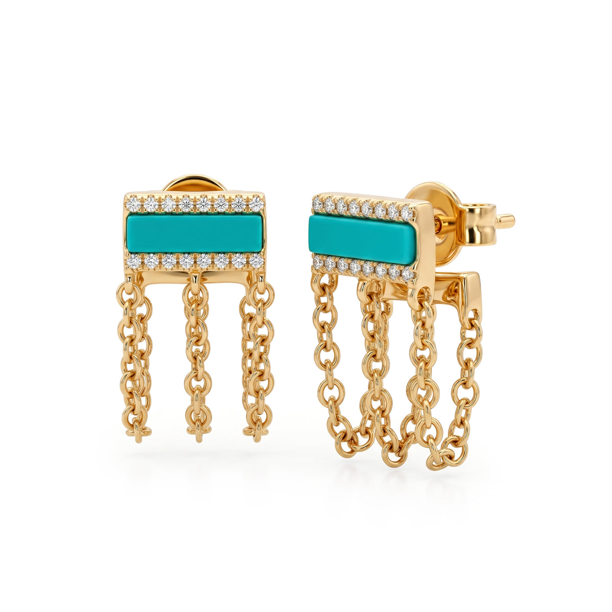 Turquoise & Diamond Chain Fringe Earrings